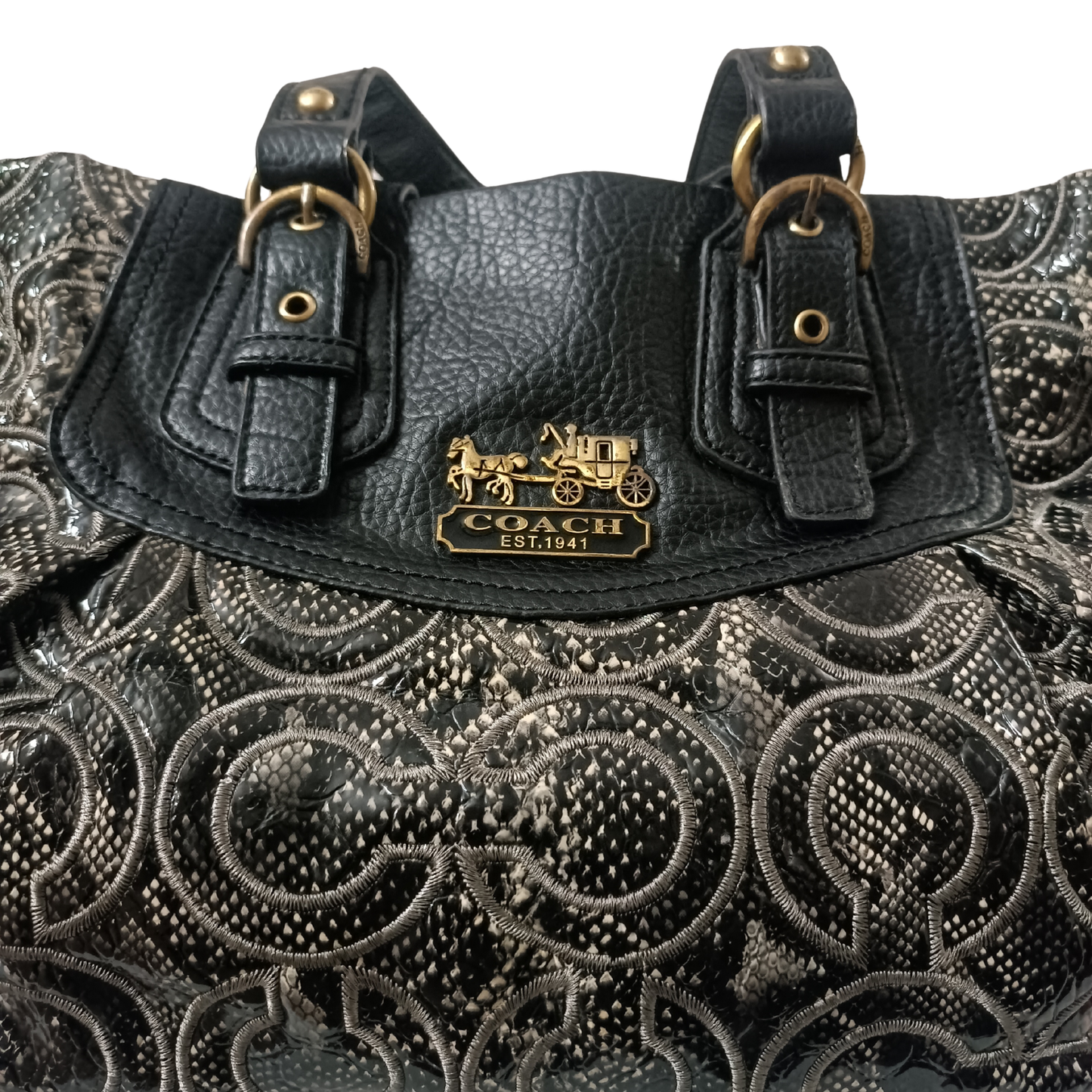 Vintage Coach Ashely Black and Silver Signature Print Satchel
