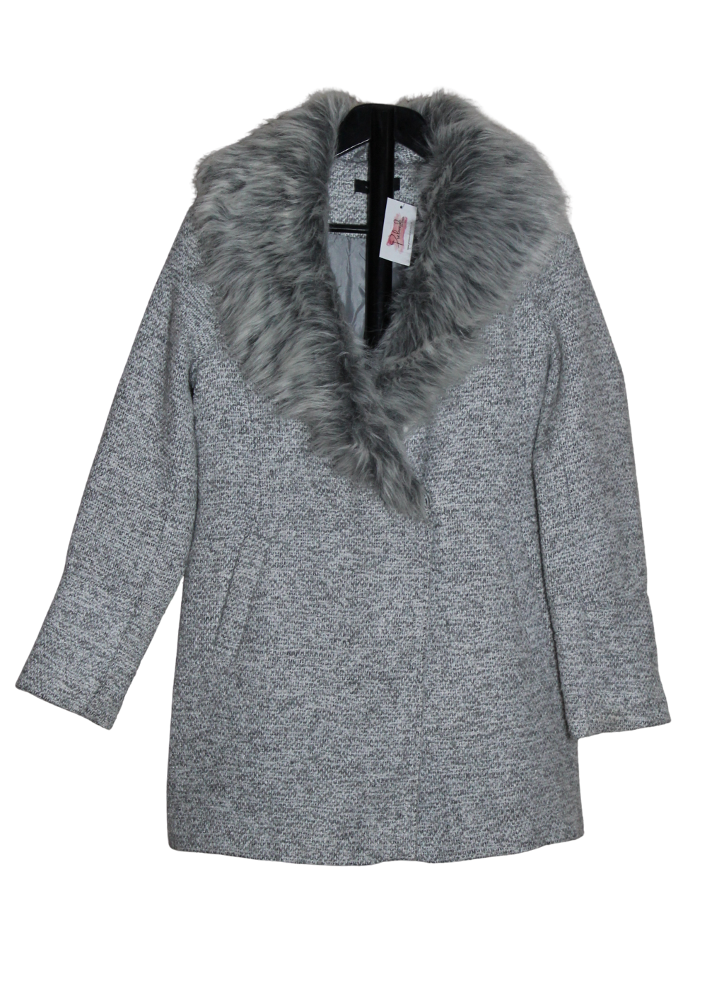 Grey Woven Coat with faux fur detachable Collar
