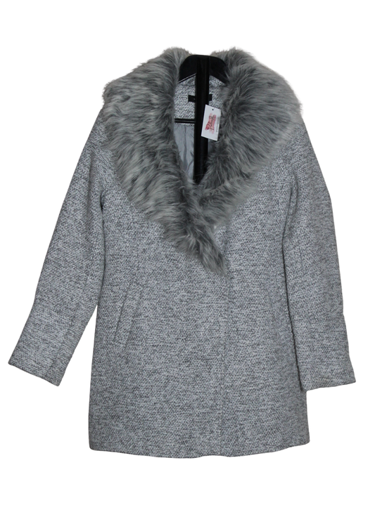 Grey Woven Coat with faux fur detachable Collar
