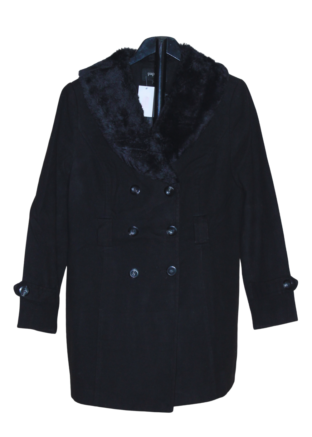 Black double-breasted coat with a Faux Fur Collar